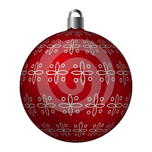 Red ornated Christmas ball with silver metallic snowflake patterns isolated on white background. Simple abstract ornaments