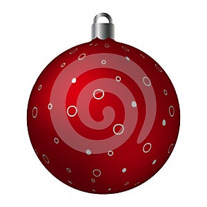 Red ornated Christmas ball with silver metallic spotted patterns isolated on white background. Simple abstract ornaments