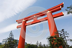 Red otorii of Heian Jingu Shrine in Kyoto Japan. photo