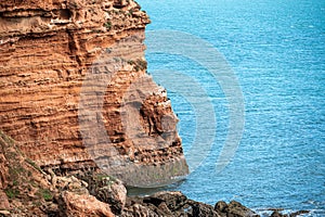 Red Otter Sandstone cliffs at Danger Point, walking east from Otterton Ledge, Devon