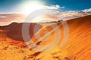 Red sand dune with ripple and blue sky