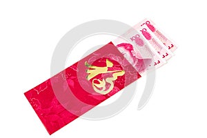 Red packet with Good Fortune character contains China Renminbi Y