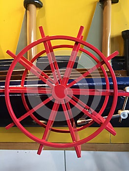 Red paddle wheel model in science museum