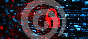Red Padlock On Abstract Data Code Matrix Background, Digital Security Cyber Crime Concept.