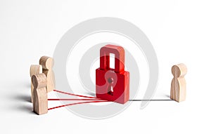 A red padlock blocks contacts between people and a person. Misunderstanding, termination of contact. Countering bullying