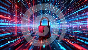 Red Padlock in Digital Data Stream Tunnel security