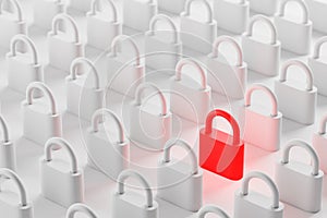 Red padlock among white ones, online security
