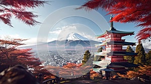 Red Pagoda with Mt Fuji Generative AI