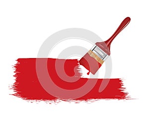 Red paint brush with brush strokes on the wall