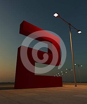 Red paint number 2. 3D render of big giant font on the street. Abstract architecture construction.