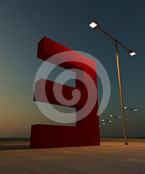 Red paint number 3. 3D render of big giant font on the street. Abstract architecture construction.