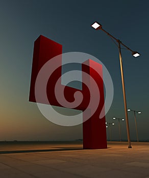 Red paint number 4. 3D render of big giant font on the street. Abstract architecture construction.