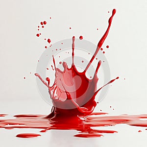 Red paint splash on white background with reflection. Generative AI