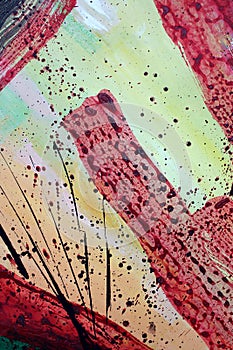 red paint splashes. Abstract art background. Closeup shot of strokes colorful acrylic paint on canvas with brush stroke