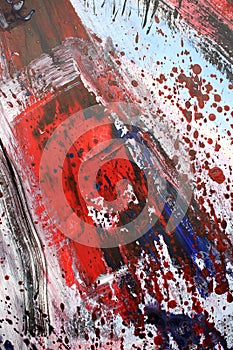 Red paint splashes. Abstract art background. Closeup shot of strokes colorful acrylic paint on canvas with brush strokes