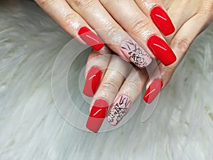 Red  painted  gel nails  manicure