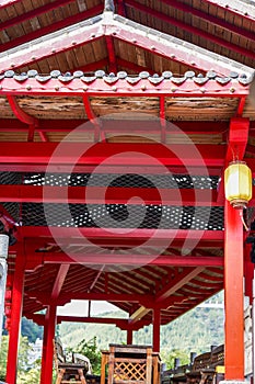 Red painted roof of Chinese wooden structure building