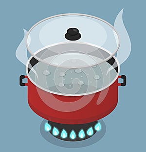 Red pan with lid and boiling water on gas burner