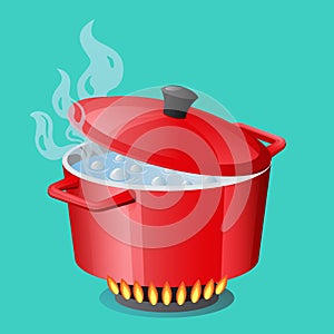 Red pan, saucepan, pot, casserole, cooker, stewpan with boiling water and closed pan lid vector isolated Cooking icon