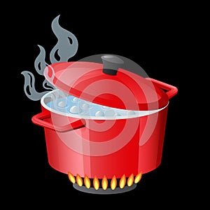 Red pan, saucepan, pot, casserole, cooker, stewpan with boiling water and closed pan lid vector isolated on white