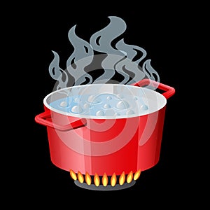 Red pan, saucepan, pot, casserole, cooker, stewpan with boiling water and opened pan lid vector isolated on white