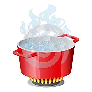 Red pan, saucepan, pot, casserole, cooker, stewpan with boiling water and opened pan lid vector isolated on white