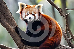 A cute red panda lounges on a lush tree branch photo