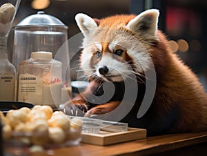 Red panda barista brewing coffee