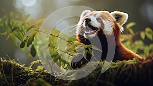 red panda contentedly munching on bamboo leaves