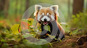 red panda contentedly munching on bamboo leaves