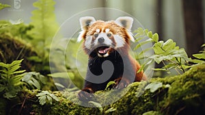 red panda contentedly munching on bamboo leaves