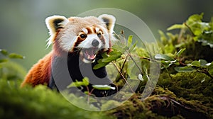 red panda contentedly munching on bamboo leaves