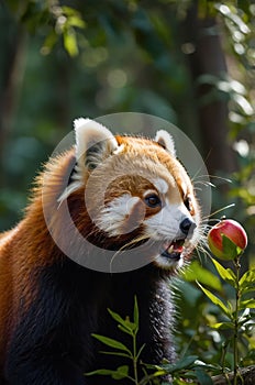 Red Panda Eating a Red Apple in Lush Green Forest