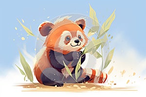 red panda eating bamboo leaves on a tree