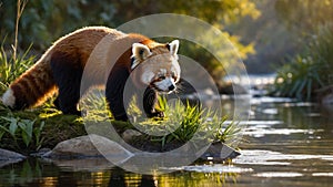 Red Panda Exploring by the Water's Edge in Lush Forest Environment.