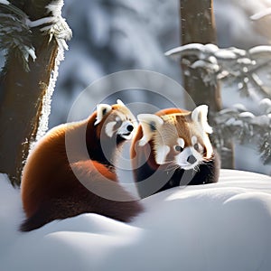 A red panda family building a snow panda family in a winter wonderland1 photo
