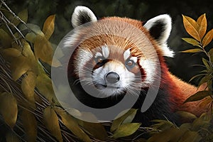 Red panda in forest, portrait of wild animal in summer, generative AI