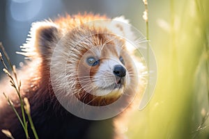 red panda with glossy eyes in dappled sunlight