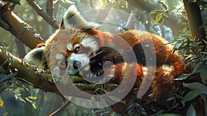 Red panda nestled in bamboo tree with serene and captivating northern lights backdrop