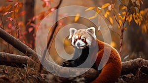 a red panda sitting on top of a tree branch in a forest