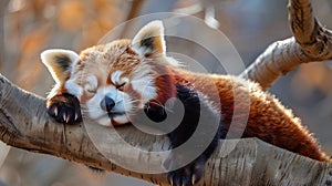 Red Panda Sleeping on Tree Branch