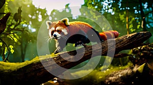 Red panda standing on tree branch in forest looking at the camera. Generative AI