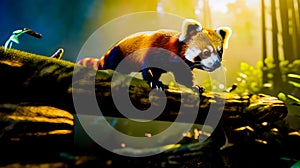 Red panda walking on tree branch in forest with sunlight streaming through the trees. Generative AI