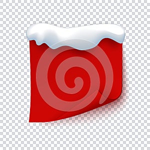 Red paper banner with snow cap, curled corner page with shadow, price tag, promo label. Empty red board for flyer, sale