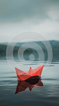 A red paper boat creates a poignant reflection on tranquil waters, framed by the soft hues of a serene natural landscape