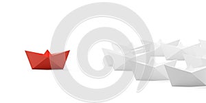 Red paper boat in front of group of white paper boats over white background, leader, team or business management or direction