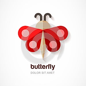 Red paper butterfly, vector logo template. Abstract flat icon. D