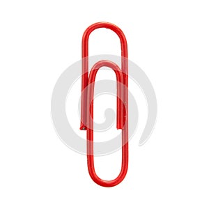 Red paper clip isolated on white background, top view. Red paper clip on a white background, top view. Red paper clip