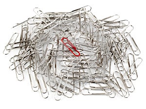 Red paper clip and ordinary clips on white background.
