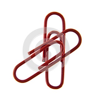 Red paper clips isolated on white background